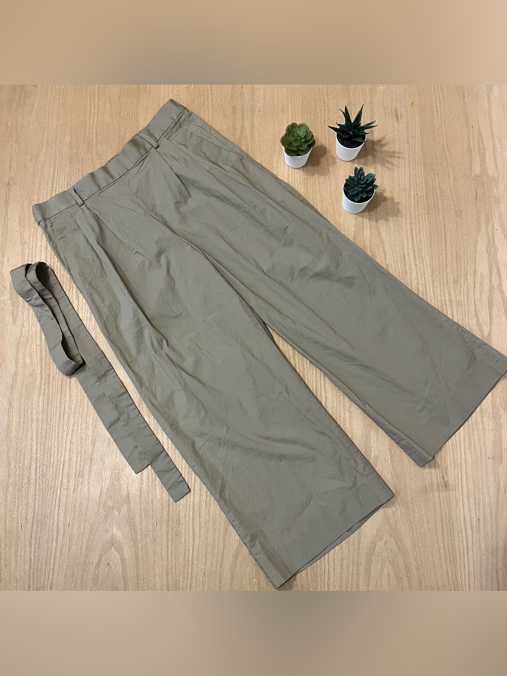 J. Crew Wide Leg High Waisted Cropped Tan Pants with matching Fabric Tie Belt